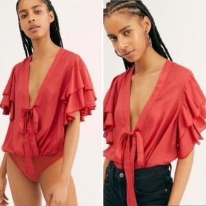 Free People Intimately Call Me Later Tie-Front Tiered Flutter Sleeve Bodysuit SM